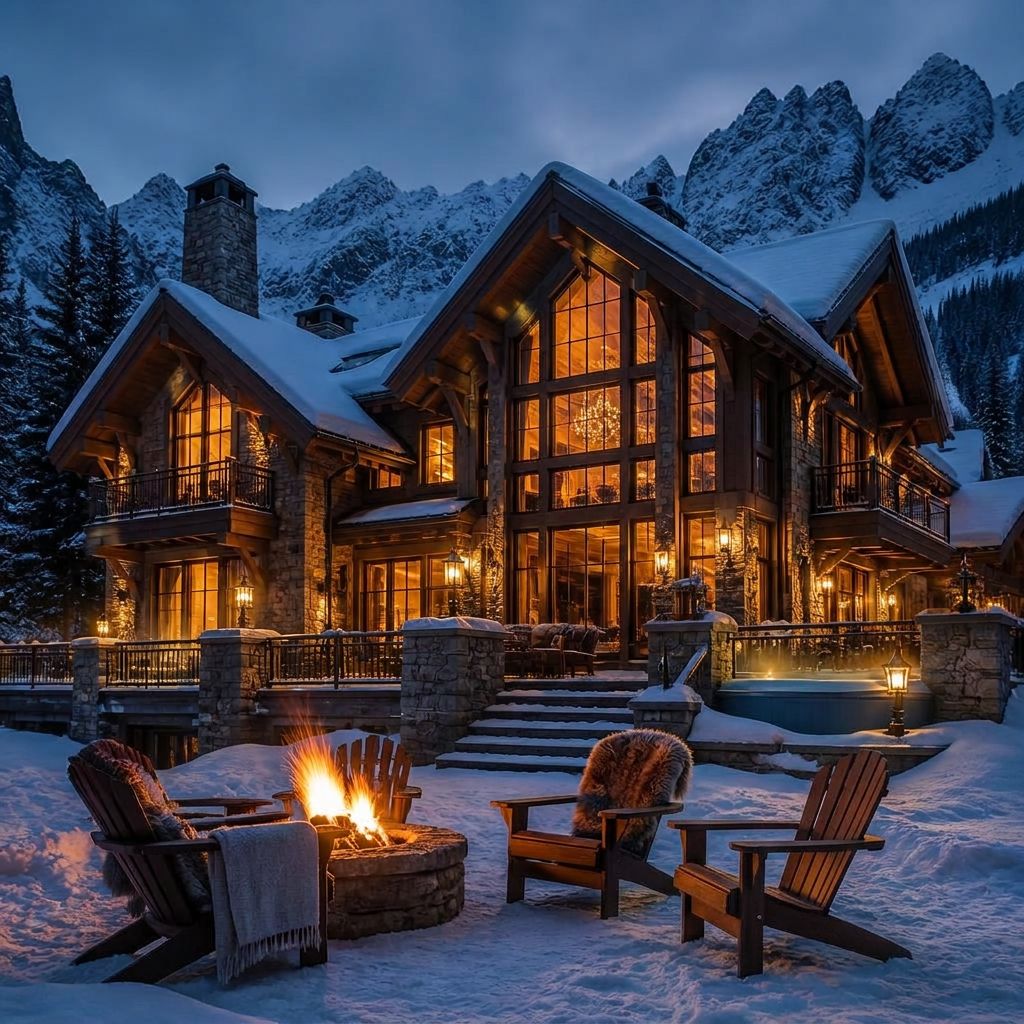 A luxury winter resort lodge glowing at dusk with snow-covered mountains beyond